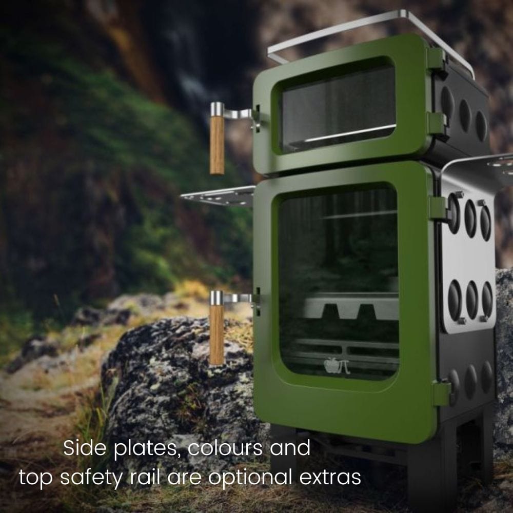 Ekol Stoves Baked Apple Ekol ApplePie Multifuel Wood Burning Stove 4kW Small advertising shot showing side plates, oven and safety rail