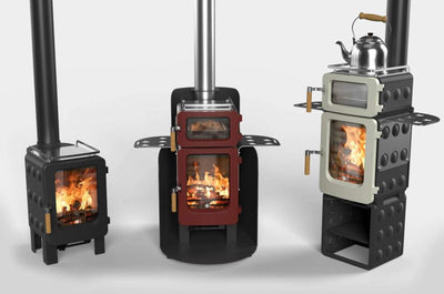 Three different variants of the Applepie stove: standard, with oven, with logstore