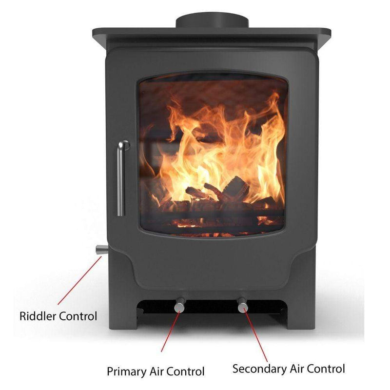 Saltfire Stoves Saltfire Scout Wood Burning Stove showing the controls and where they are