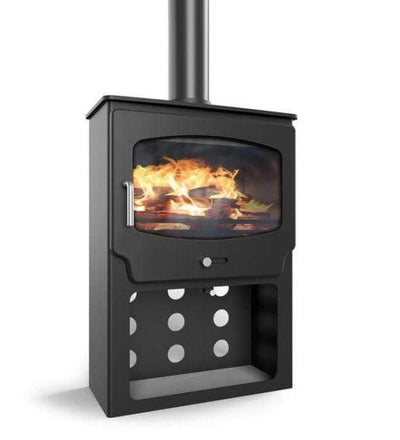 Saltfire Stoves Saltfire ST-X5 Multifuel Wood Burning Stove 5kWidescreen version with logstore on a white background
