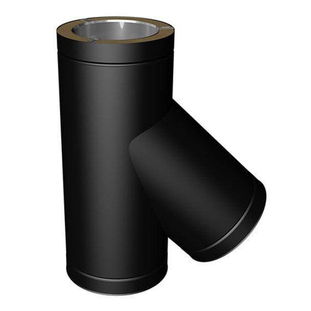 Duraflue Twin Wall Flue DTW 135 degree T is the first part outside of the house (requires soot collection door): 5", 6", Silver, Black.