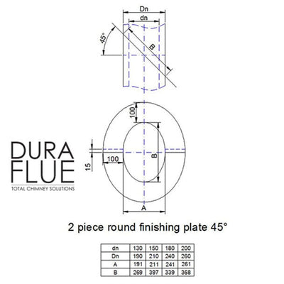 Duraflue Twin Wall Flue DTW 45 degree finishing plate (2 part) round for INSIDE OR OUTSIDE PROPERTY ON A VERTICAL WALL (OR VAULTED CEILING)
