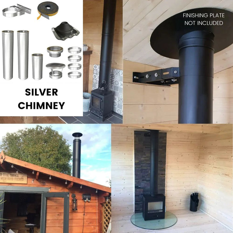 Wood burning stove shed chimney kit Silvacore Duraflue PRO DTW 2.5 Metre (shed, garage, gazebo, home-office or small room): 5", 6", Silver, Black.