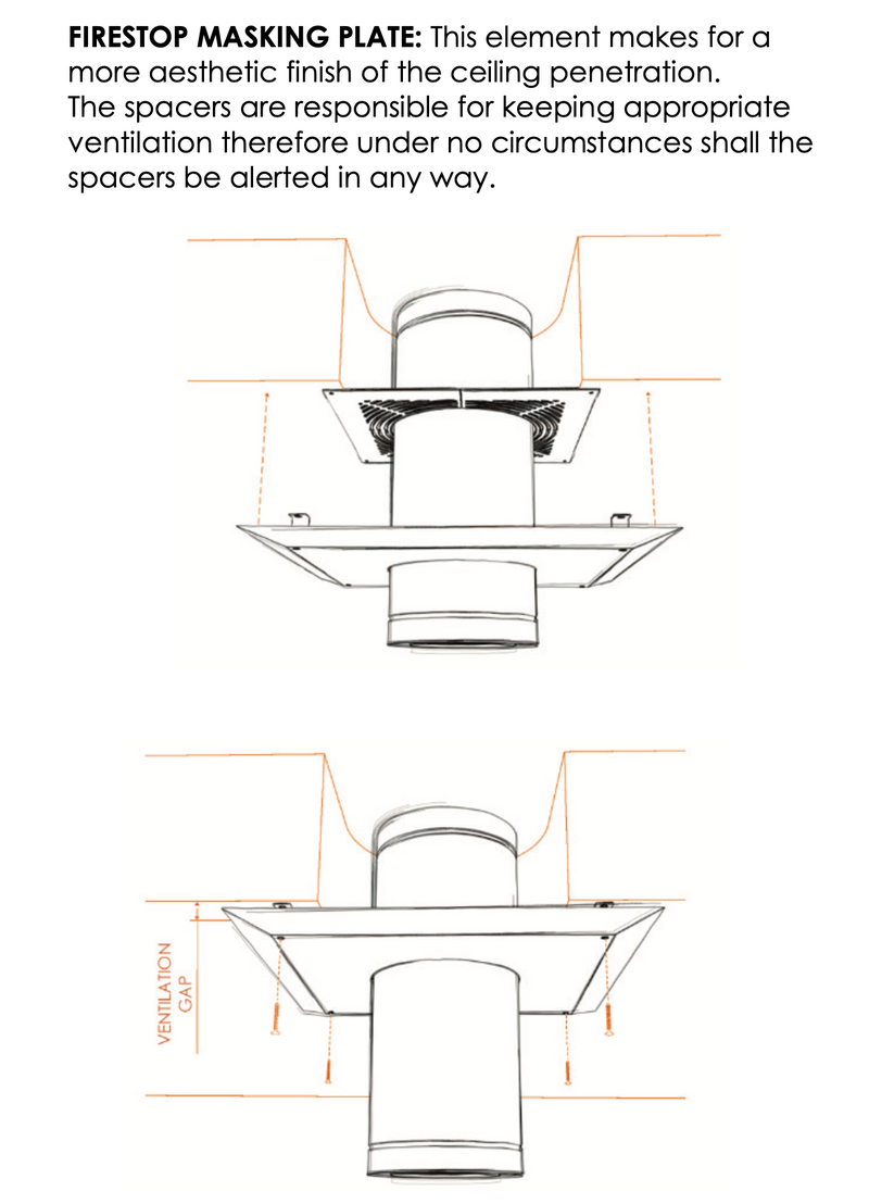 Silvacore Pro by Duraflue Firestop masking plate (improves aesthetics of Ventilated Firestop Plate) FOR CEILINGS: 5", 6", Silver, Black.