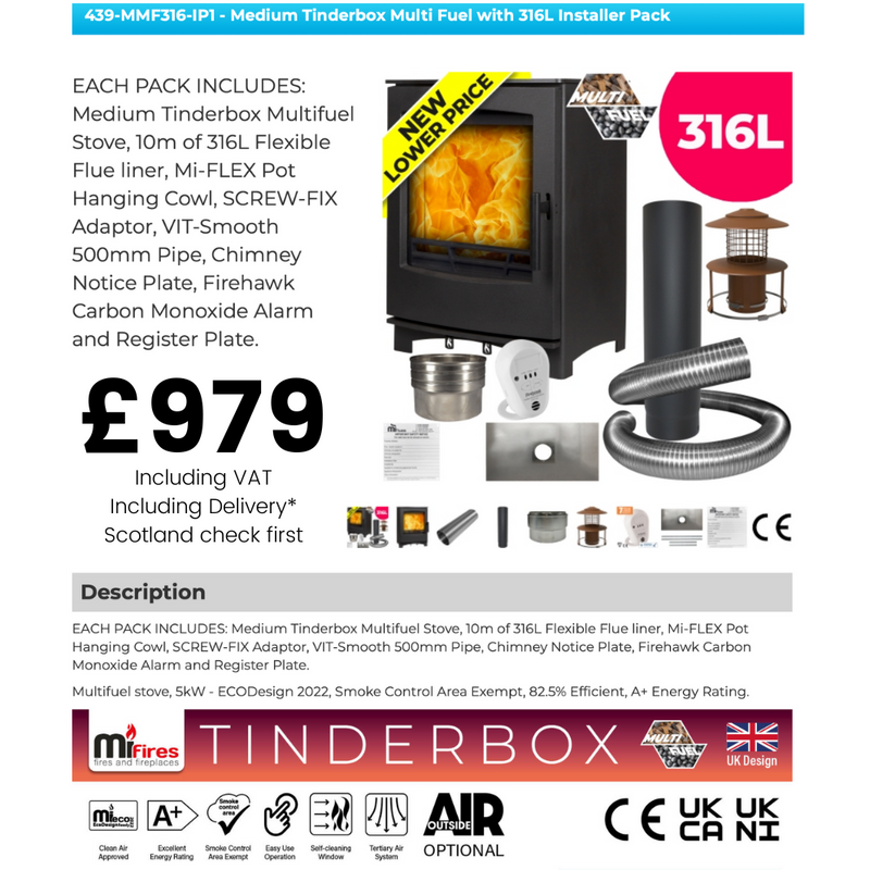 Mi Flues Tinderbox Wood Burning Stove Medium Installer Package