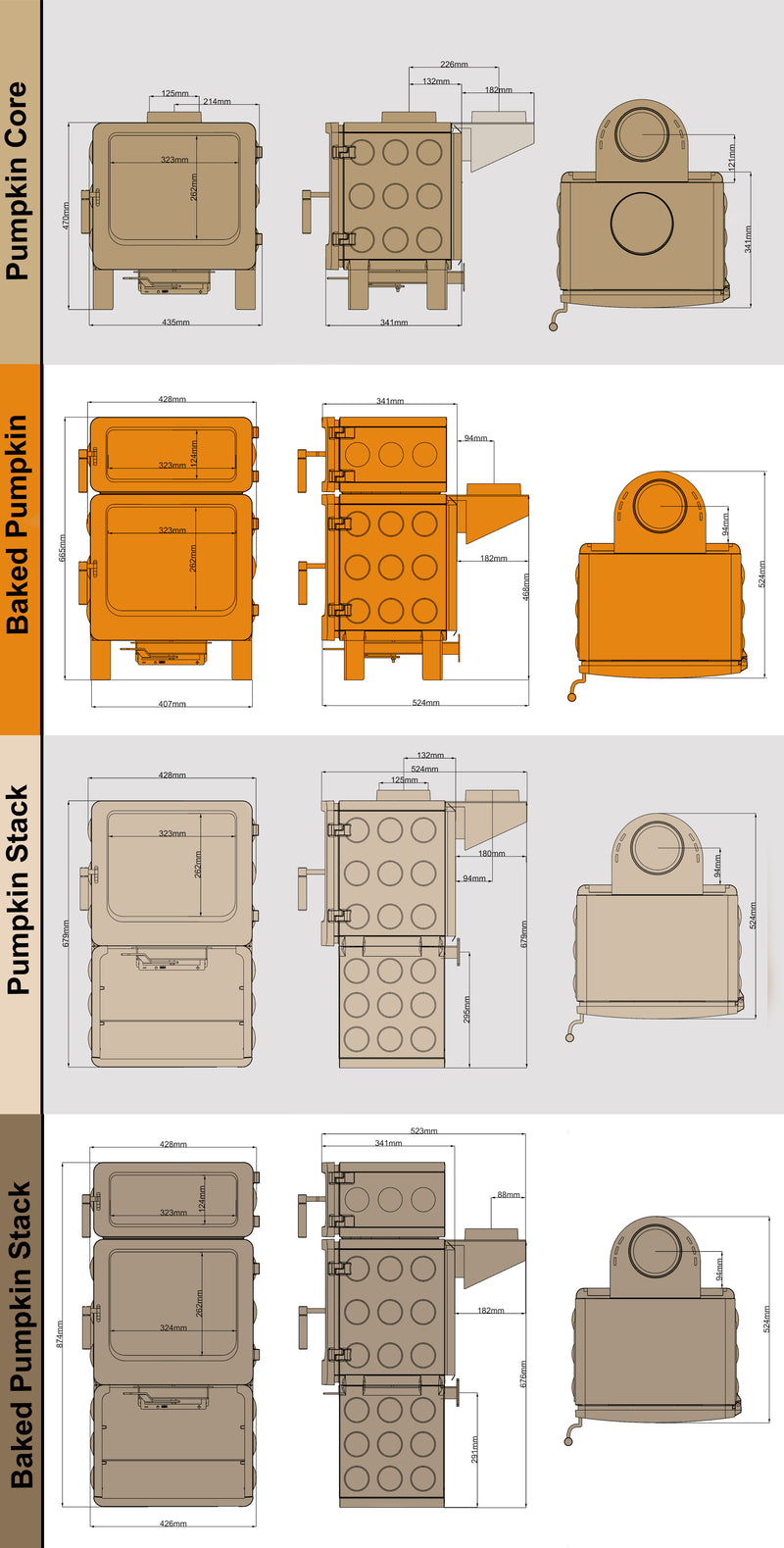 Ekol PumpkinPie stove dimensions