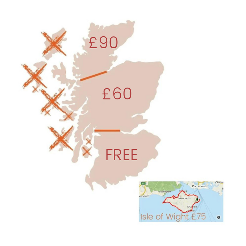 SCOTLAND ABOVE EDINBURGH Additional (subsidised) delivery charge for pallets: Upper Scotland, Isle of Wight, Isle of Man