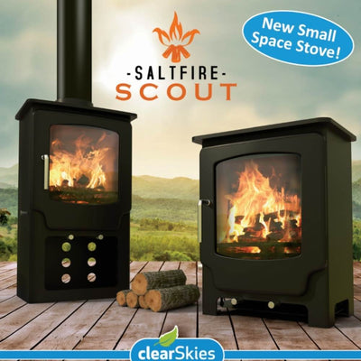 Saltfire Stoves Saltfire Scout Wood Burning Stove pictured next to the logstore version both lit