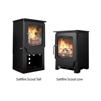 Saltfire Stoves Saltfire Scout Wood Burning low and tall pictured alongside each other lit