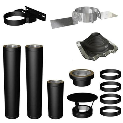Image showing all the parts in a shed chimney kit - black parts on white background
