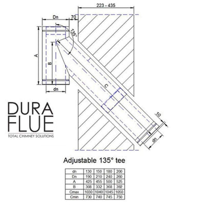 Duraflue Twin Wall Flue DTW 135 degree T with ADJUSTABLE 730-1040 prolonged snout (requires soot collection door)
