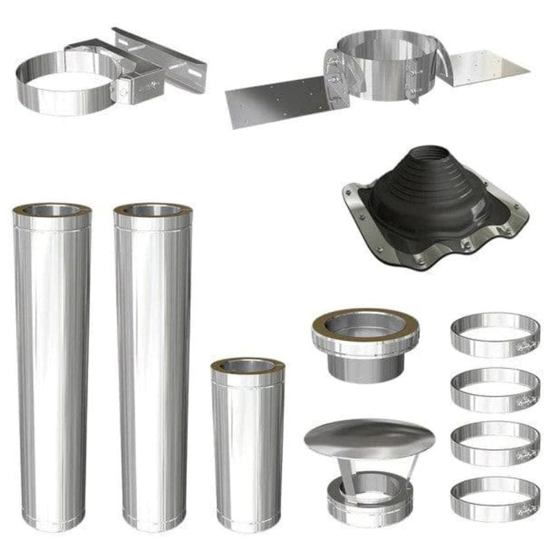Image showing all the parts in a shed chimney kit - silver parts on white background