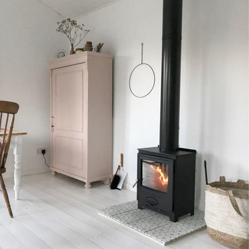 stove in a large shed white walls